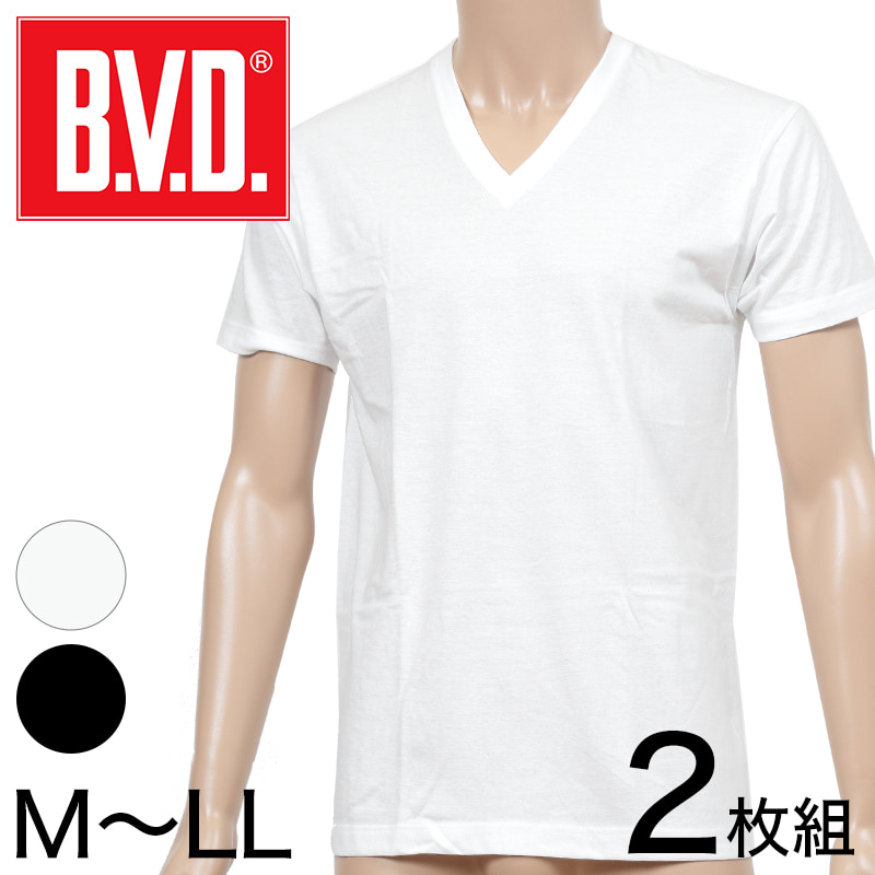 BVD メンズ 半袖シャツ クルーネック NEW STANDARD 綿100％ 2枚組 M～LL (インナー 丸首 下着 男性 紳士 白 黒 ホワイト)