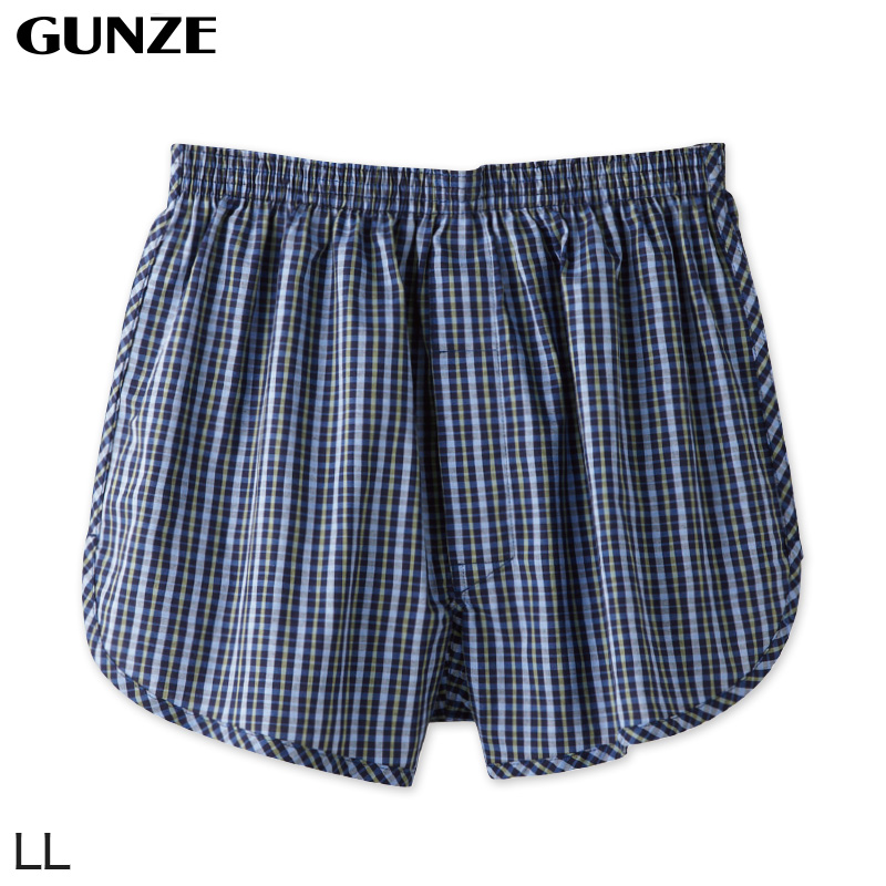 グンゼ 快適工房 紳士 前開き トランクス LL (メンズ GUNZE 綿100％ コットン 男性 下着 肌着 インナー 日本製 チェック 柄 青  大きいサイズ) (取寄せ)