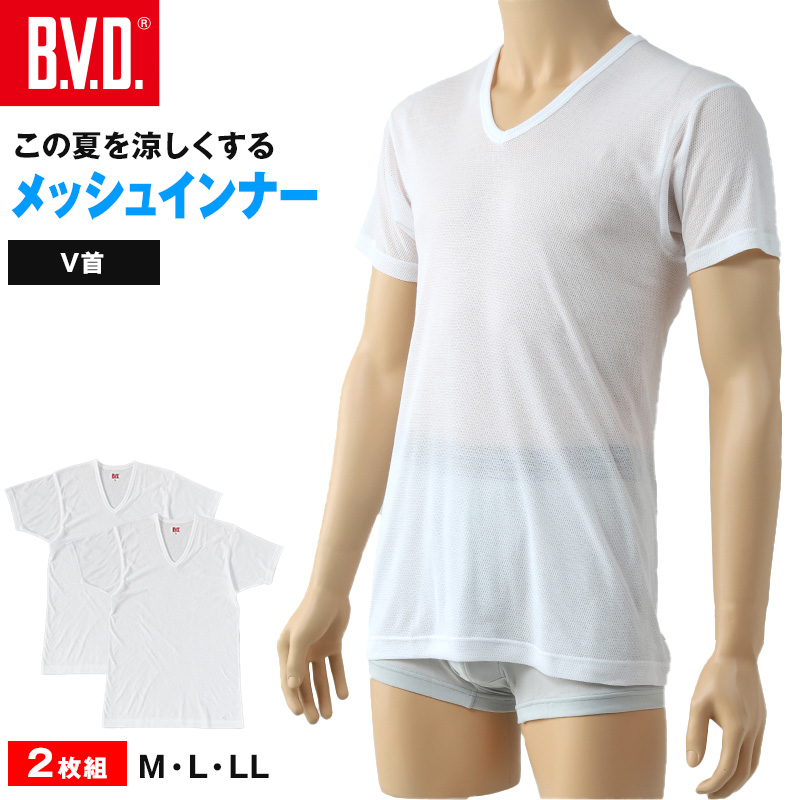 BVD インナー メンズ 半袖 tシャツ メッシュ 丸首 2枚組 M～LL bvd インナーシャツ 肌着 下着 クルーネック 春夏 ホワイト 白 M L LL (在庫限り)